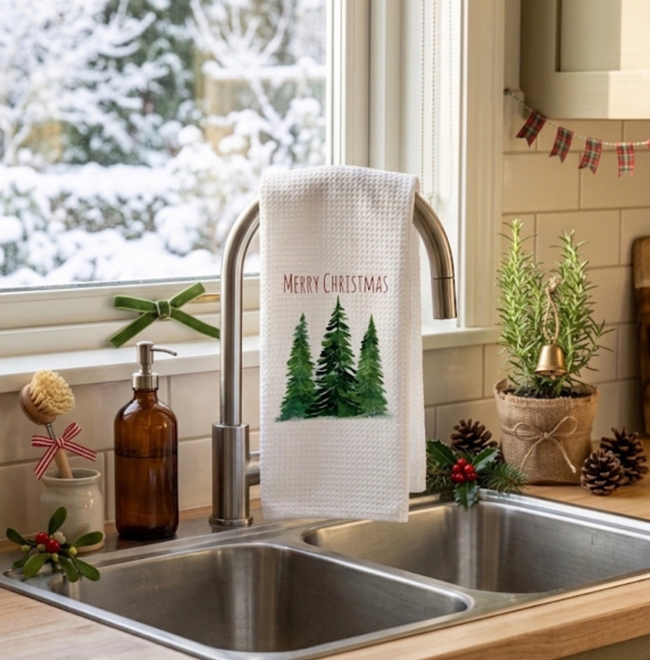 Microfiber Kitchen Towel Watercolor Art Xmas 3 Trees