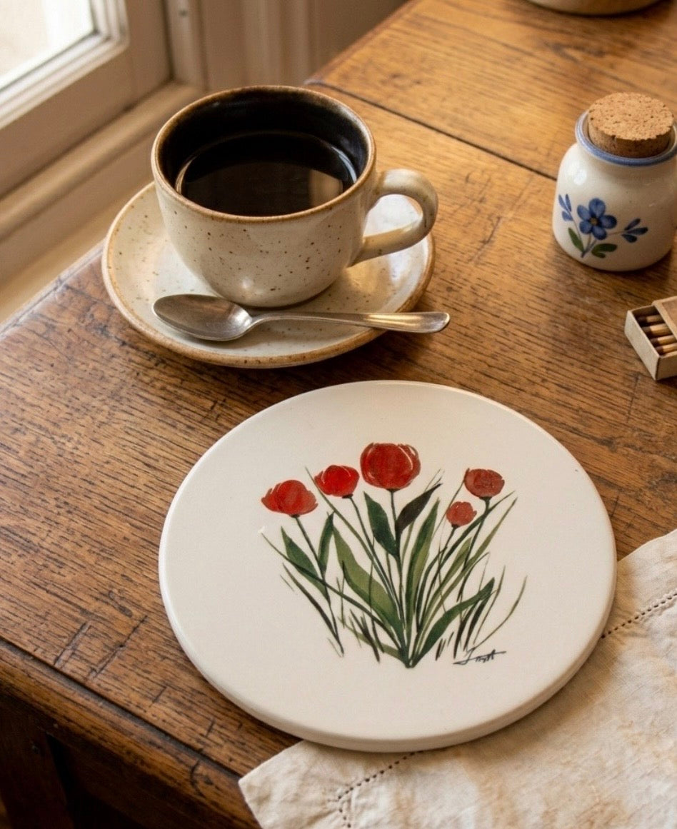 Tulips Ceramic & Cork Coaster - Original Art