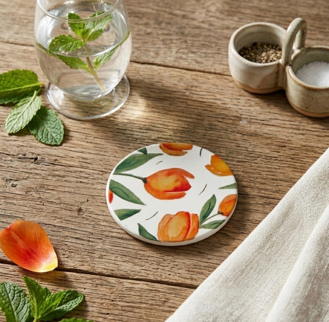 Orange Tulips Ceramic & Cork Coaster - Original Art