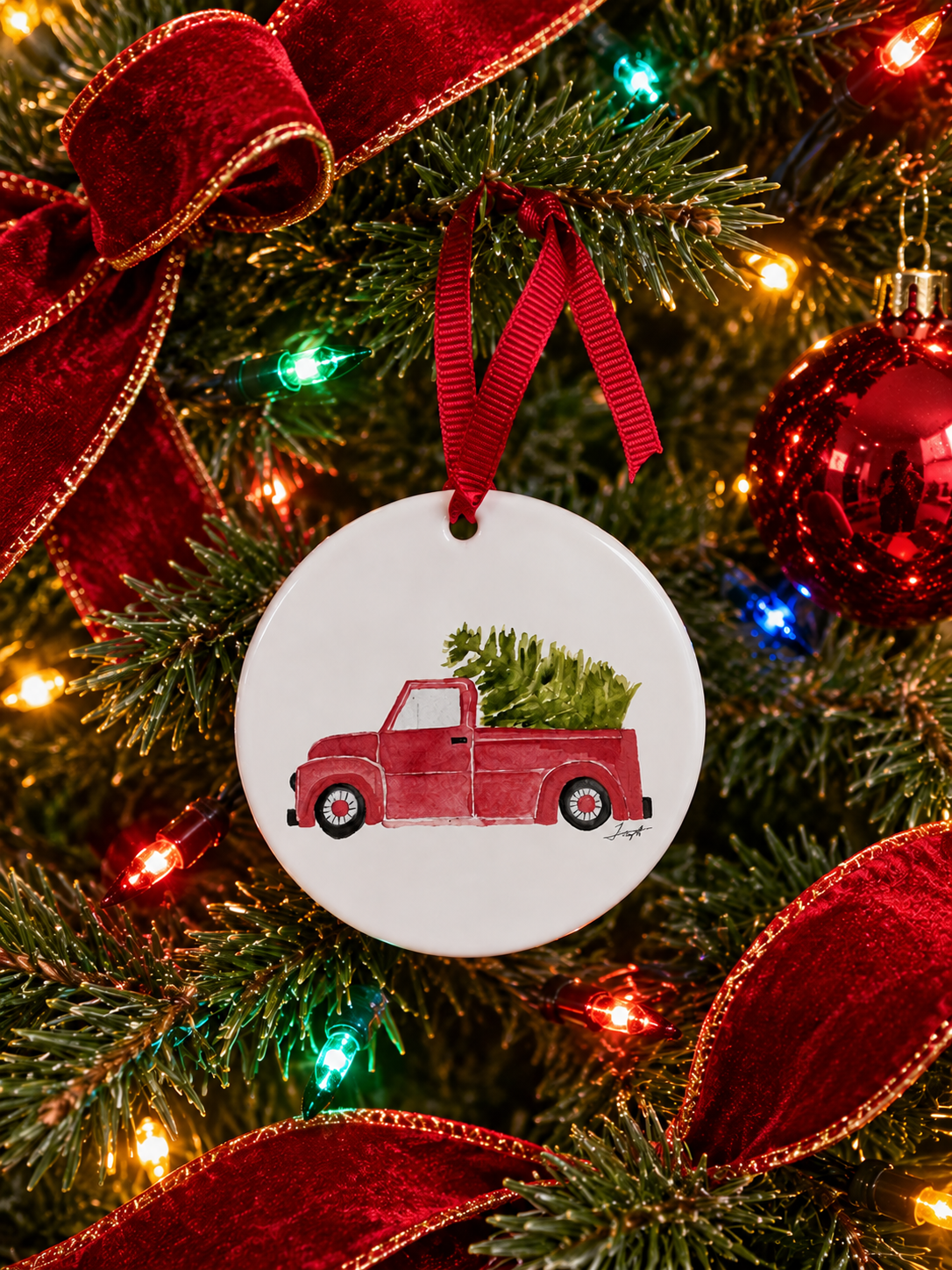 Red Truck with Christmas Tree Ceramic Ornament