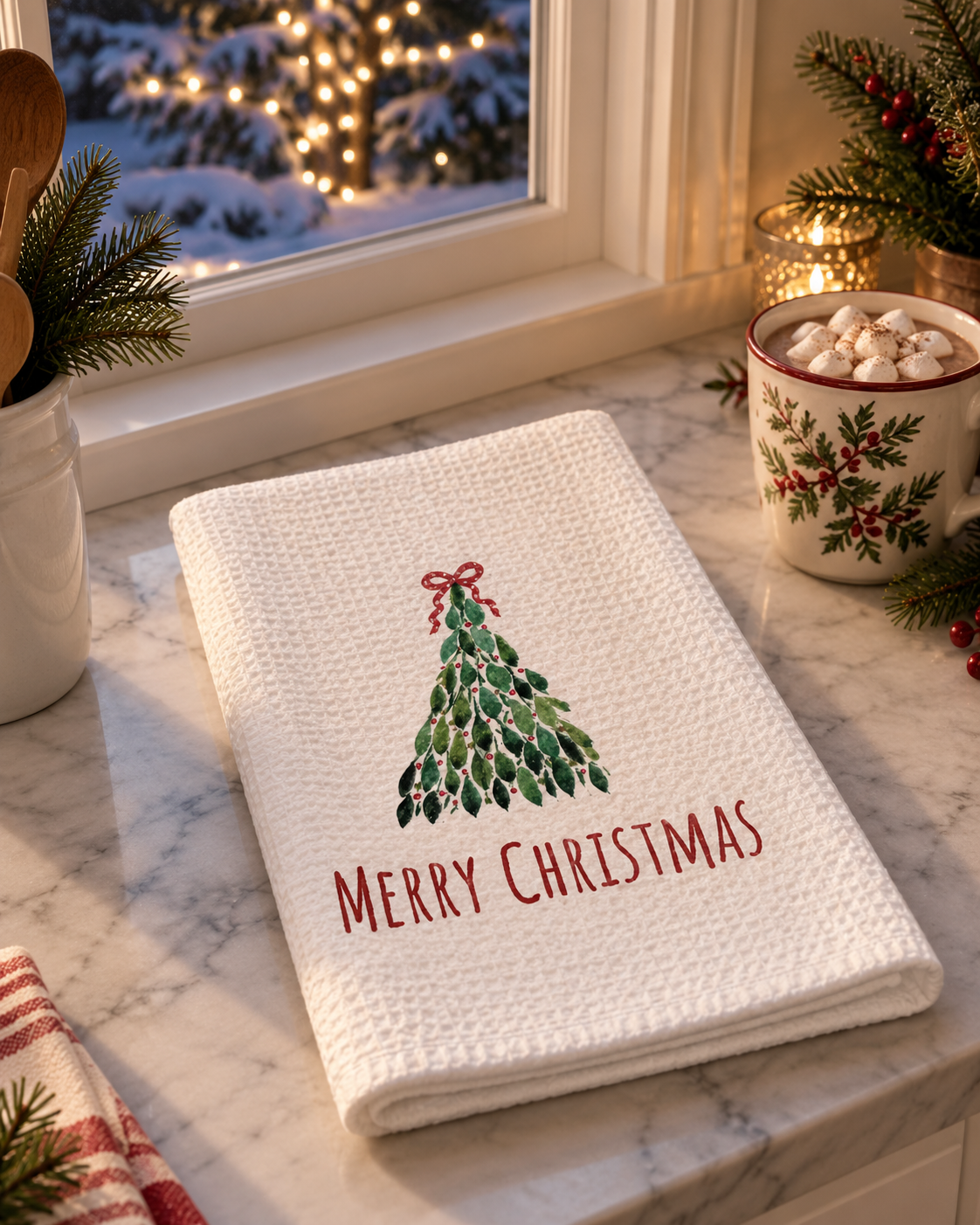 Microfiber Kitchen Towel Watercolor Art Xmas Fancy Tree Merry Christmas