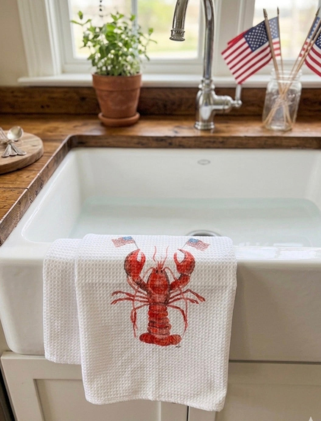 Microfiber Kitchen Towel Watercolor Art July 4th American Flag Lobster 250