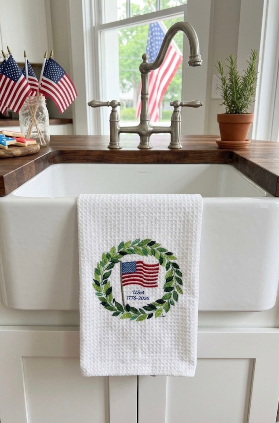 Microfiber Kitchen Towel Watercolor Art American Flag Wreath July 4th USA 250