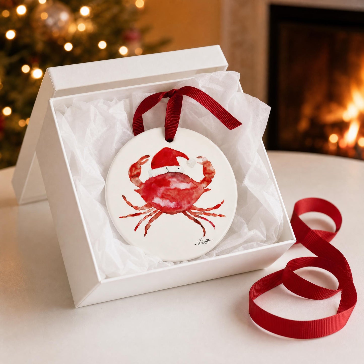 Santa Red Crab Ceramic Christmas Ornament