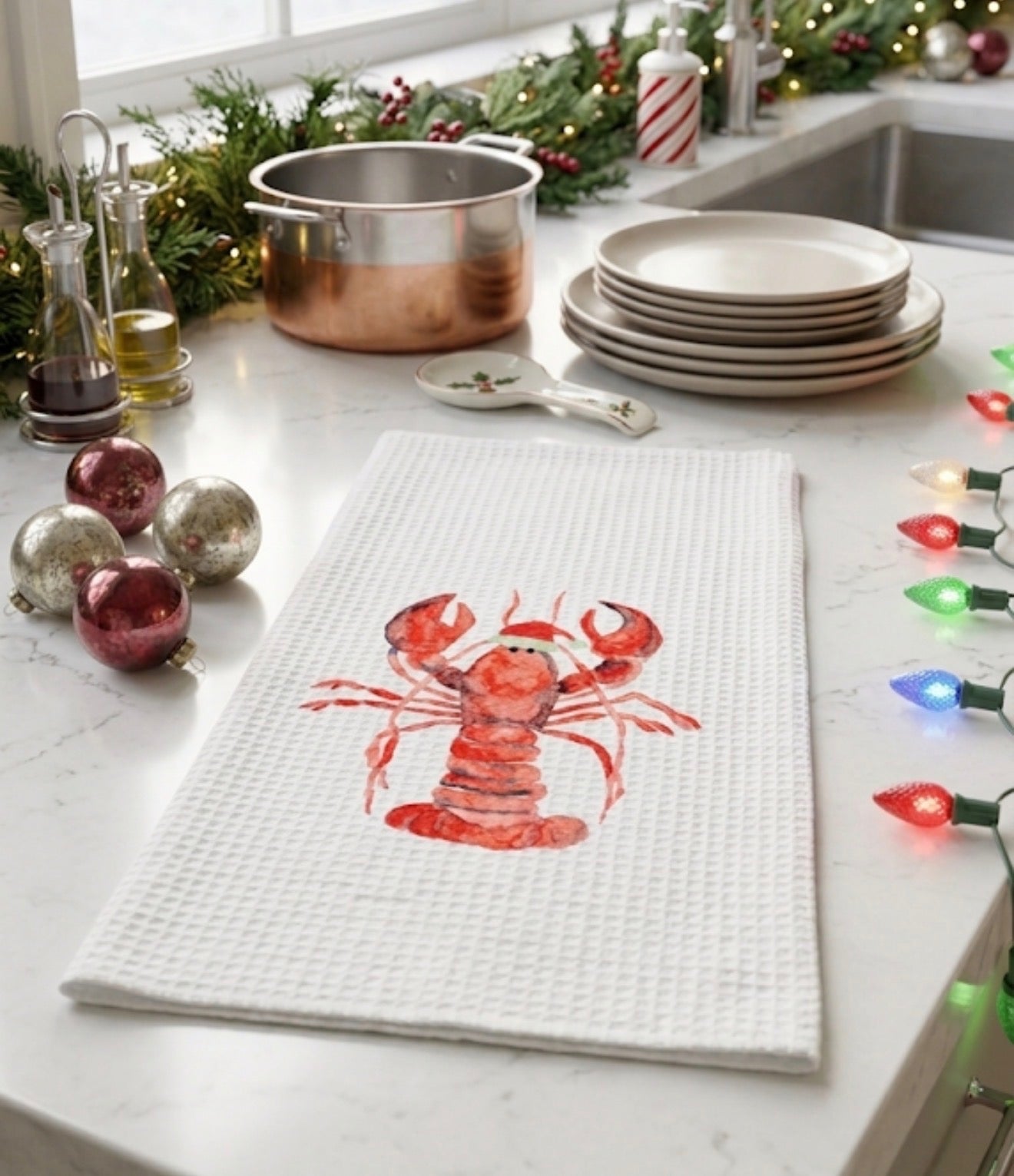 Microfiber Kitchen Towel Watercolor Art Xmas Lobster Santa
