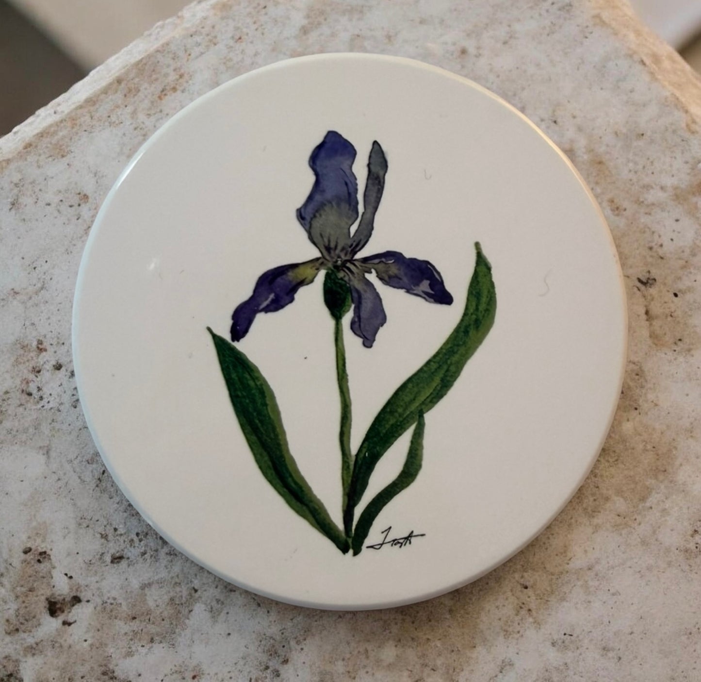 Iris Ceramic & Cork Coaster - Original Art