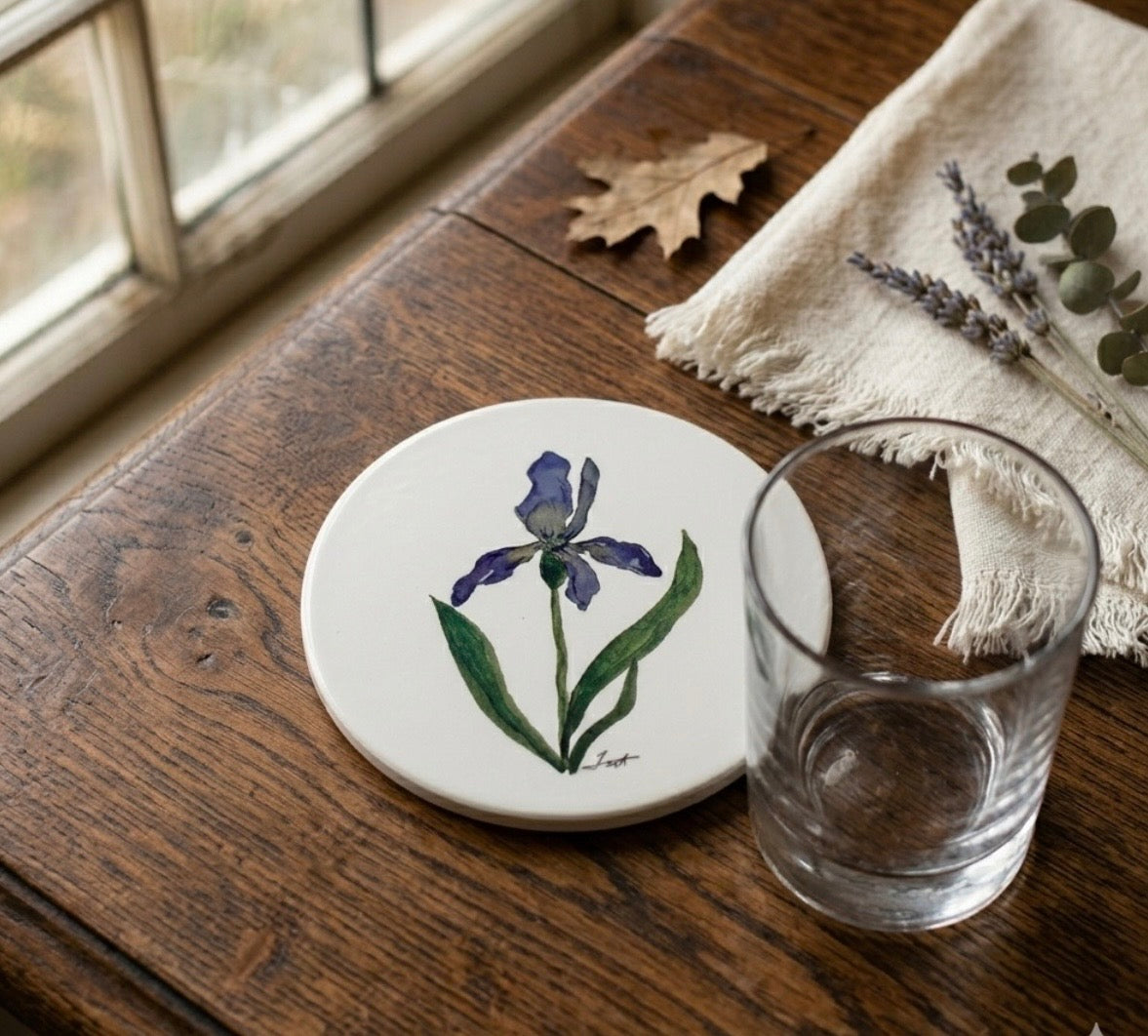 Iris Ceramic & Cork Coaster - Original Art