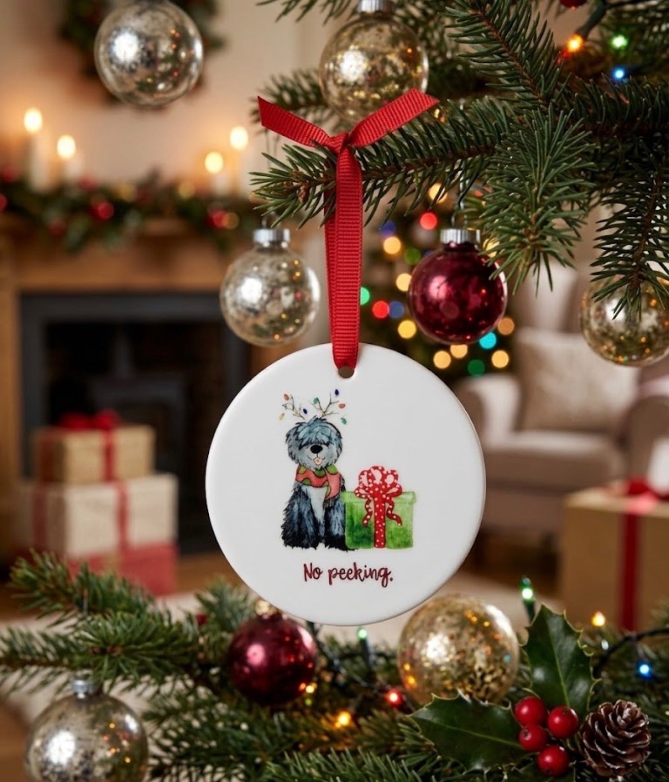Christmas No Peeking Pup Ceramic Christmas Ornament