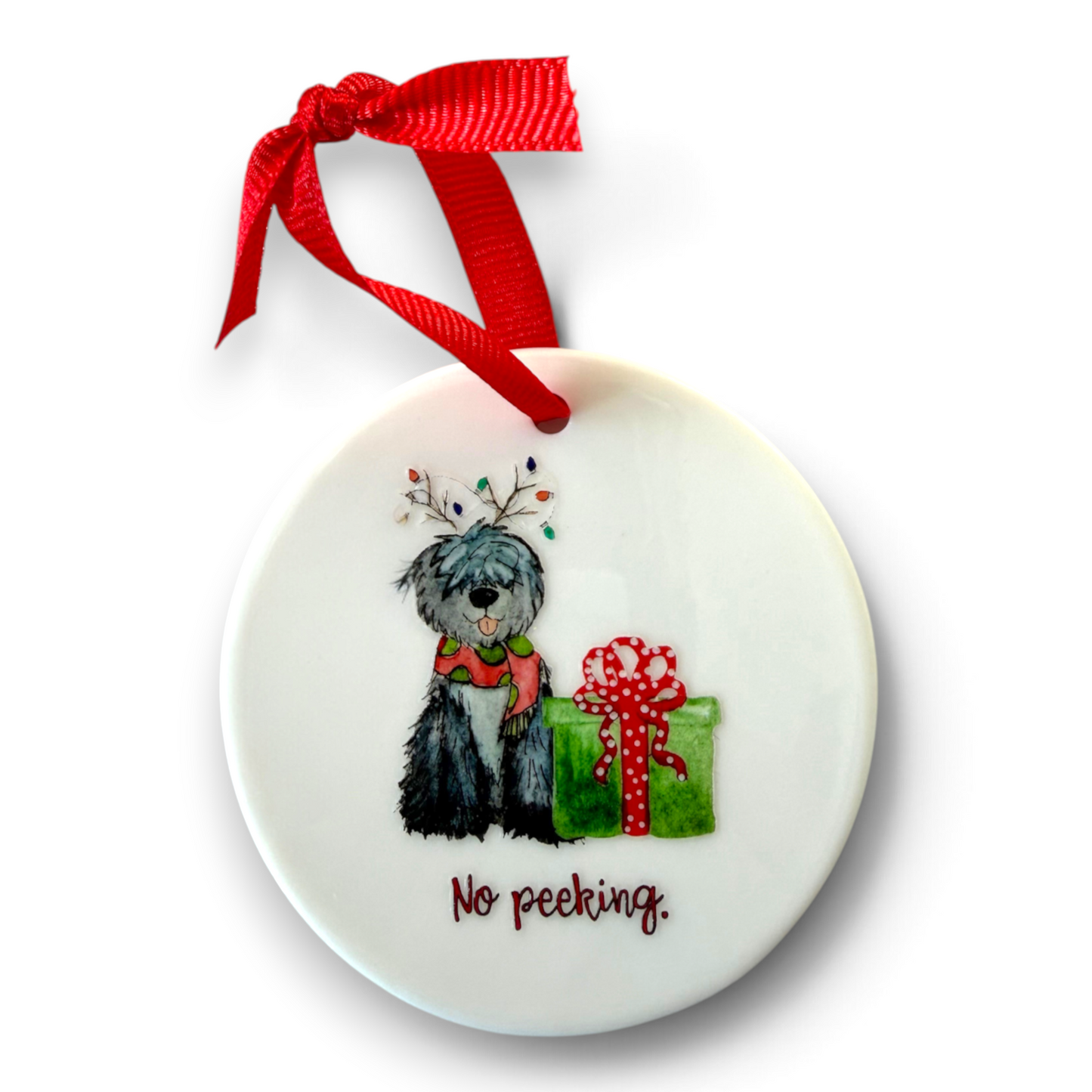 Christmas No Peeking Pup Ceramic Christmas Ornament