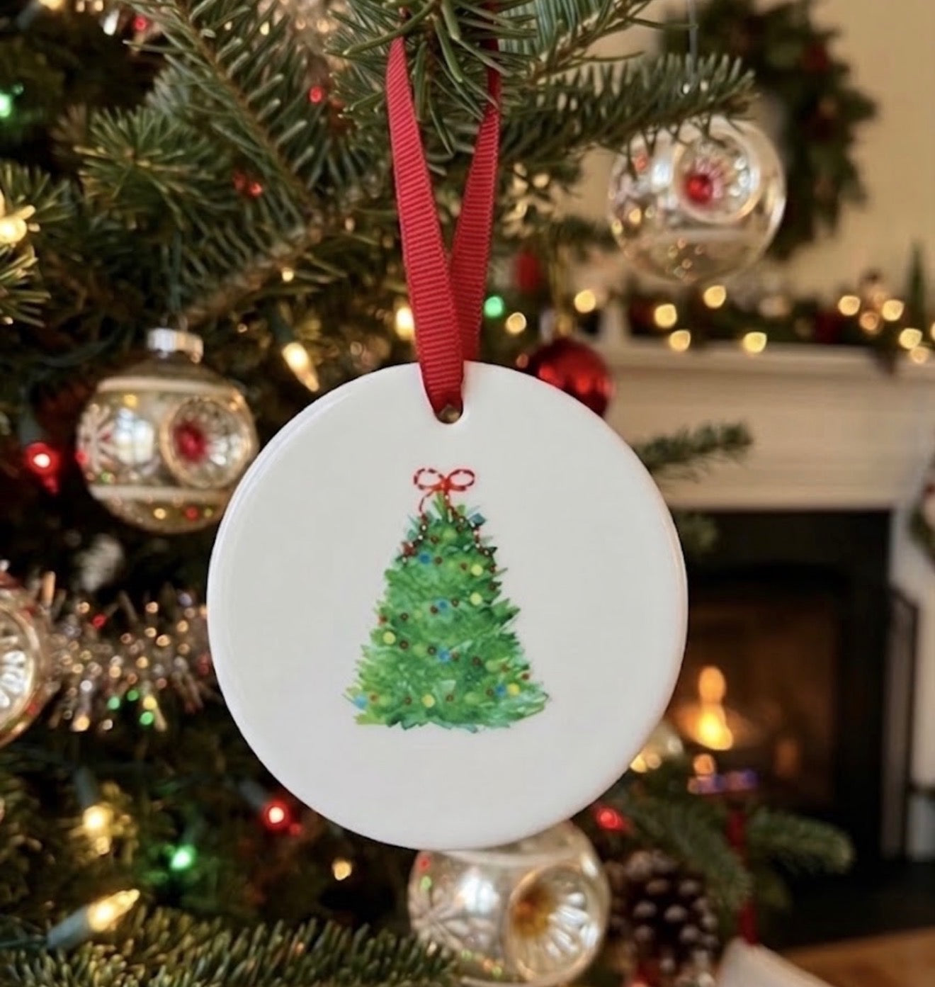 Christmas Tree Red Bow Ceramic Christmas Ornament