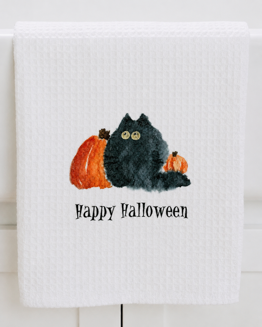 Microfiber Kitchen Towel Watercolor Art Halloween Black Cat Pumpkin
