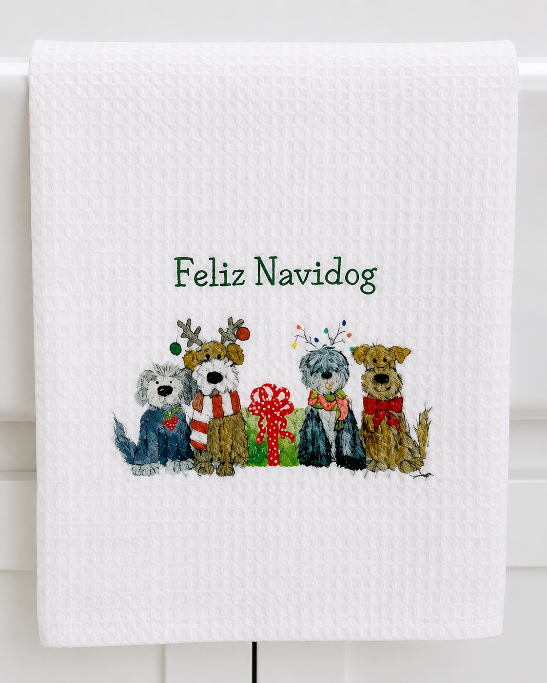 Microfiber Kitchen Towel Watercolor Art Xmas Feliz Navidog