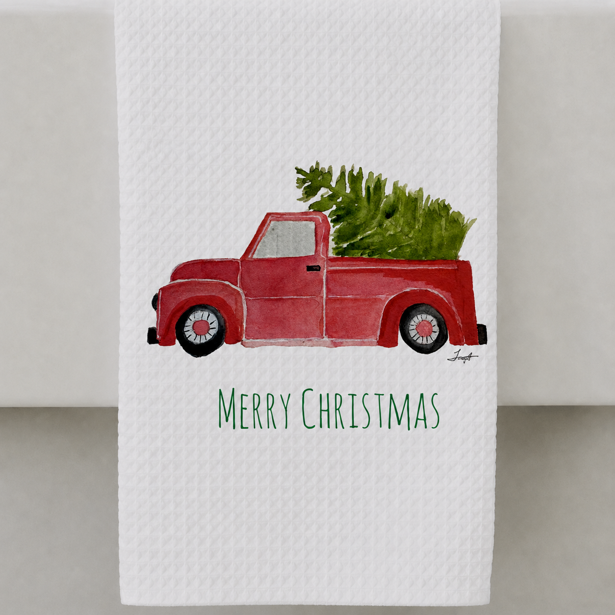 Microfiber Kitchen Towel Watercolor Art Xmas Red Truck