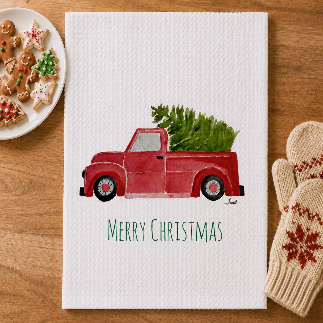 Microfiber Kitchen Towel Watercolor Art Xmas Red Truck