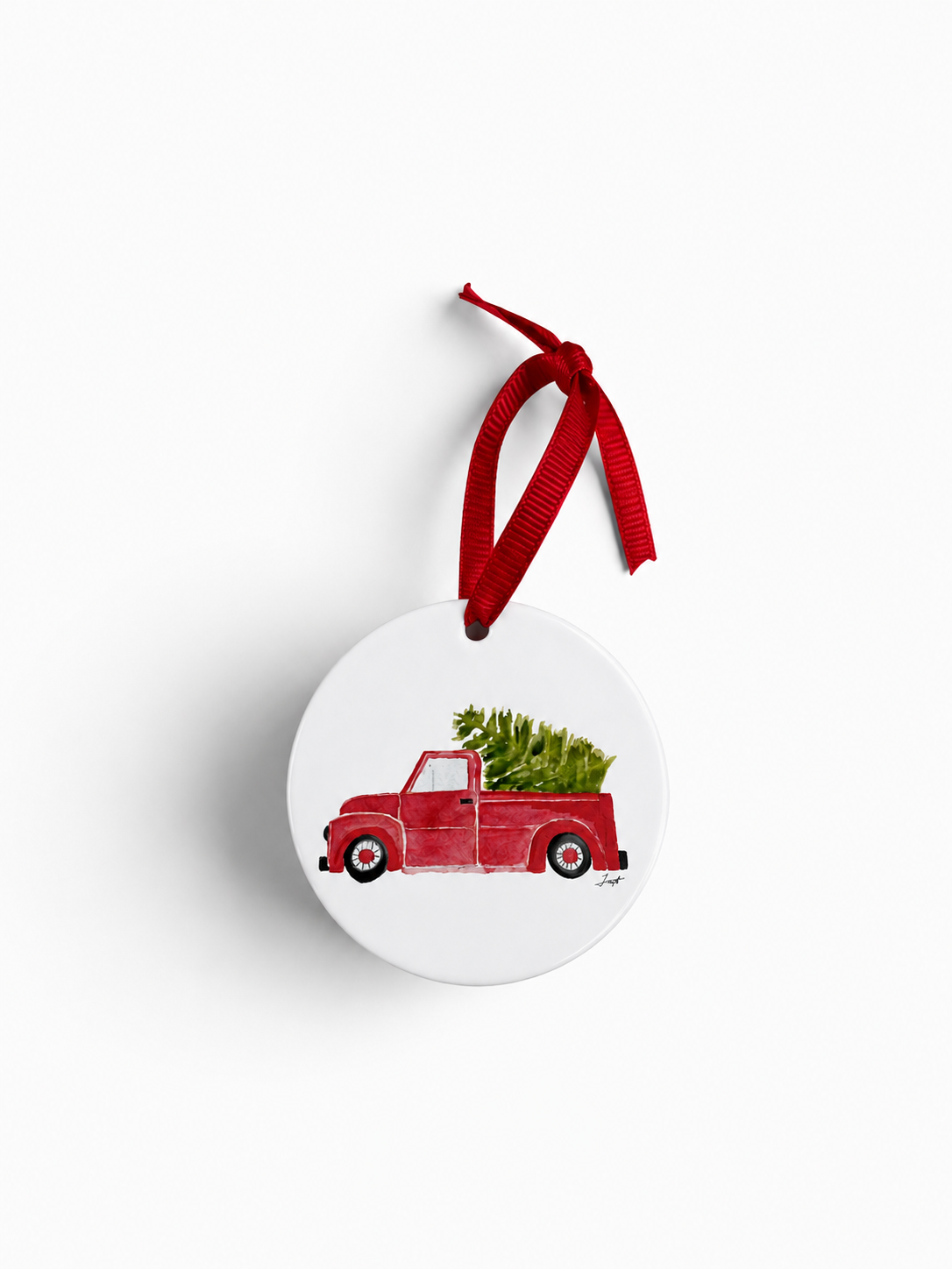 Red Truck with Christmas Tree Ceramic Ornament