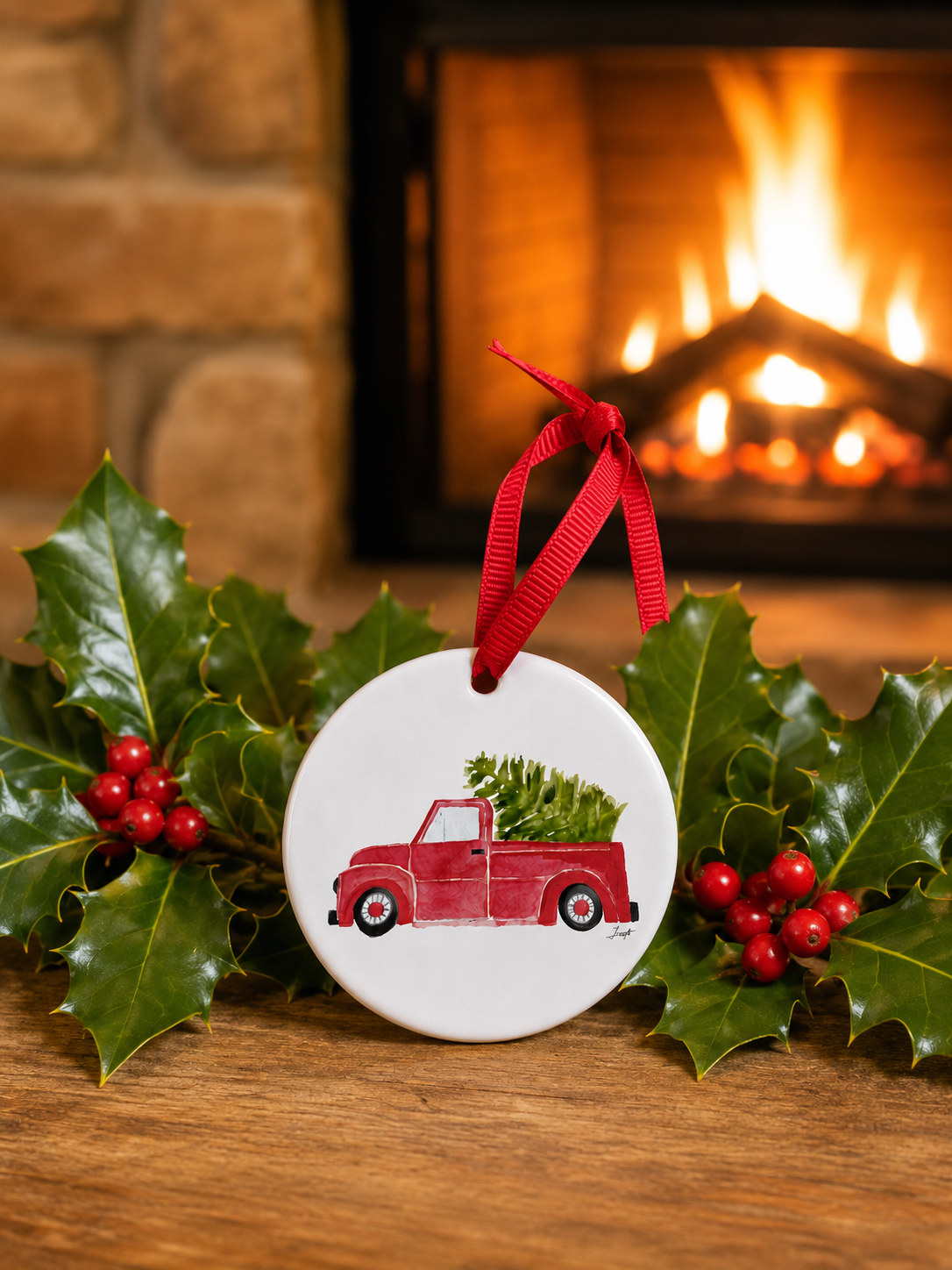 Red Truck with Christmas Tree Ceramic Ornament