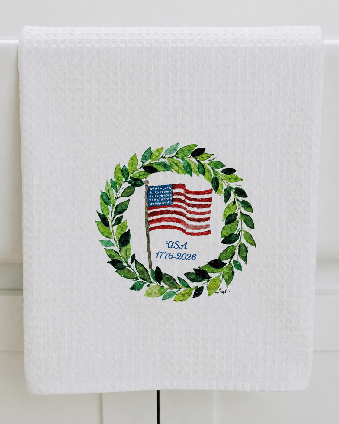 Microfiber Kitchen Towel Watercolor Art American Flag Wreath July 4th USA 250