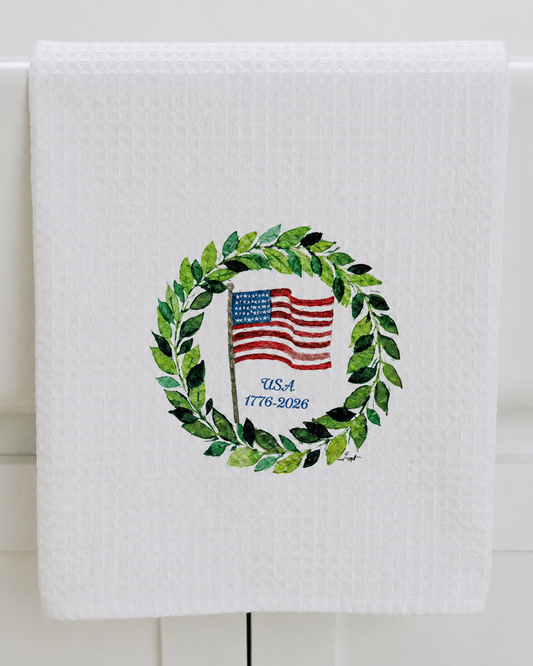 Microfiber Kitchen Towel Watercolor Art American Flag Wreath July 4th USA 250