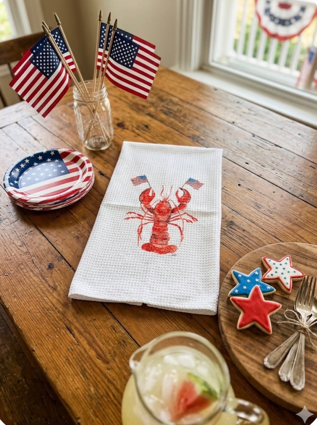 Microfiber Kitchen Towel Watercolor Art July 4th American Flag Lobster 250