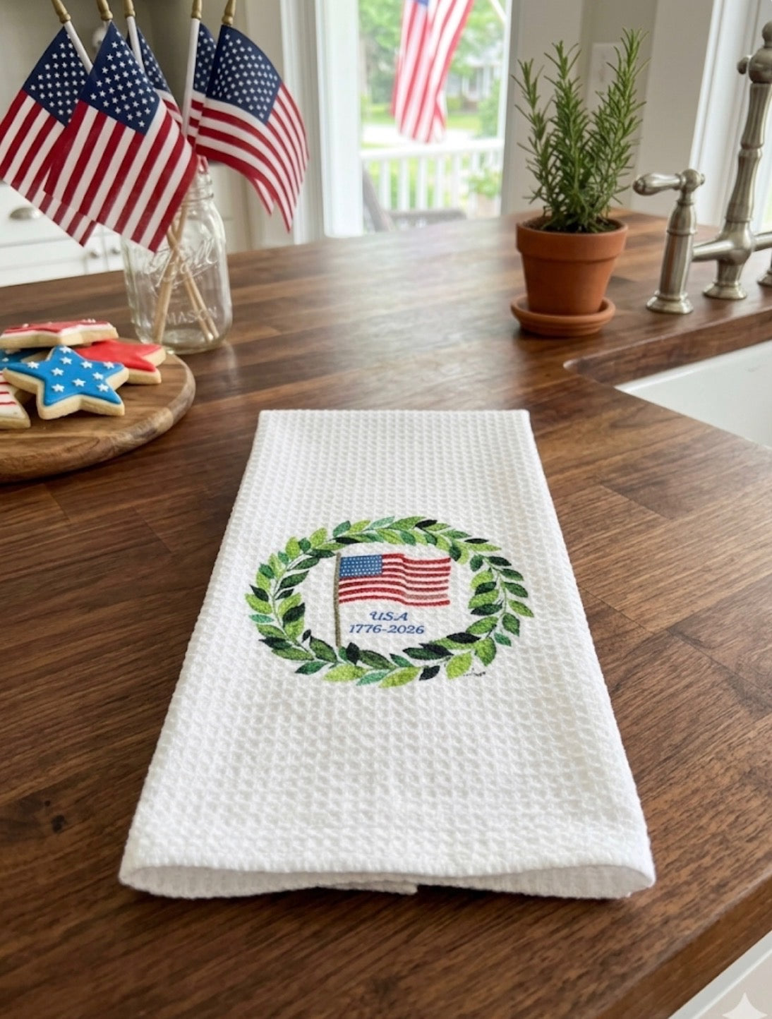 Microfiber Kitchen Towel Watercolor Art American Flag Wreath July 4th USA 250