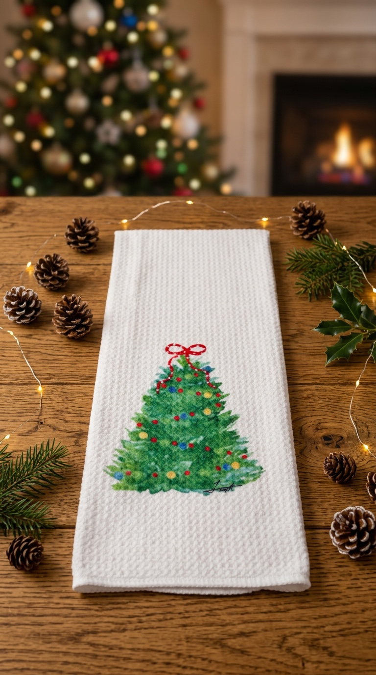 Microfiber Kitchen Towel Watercolor Art Xmas Tree