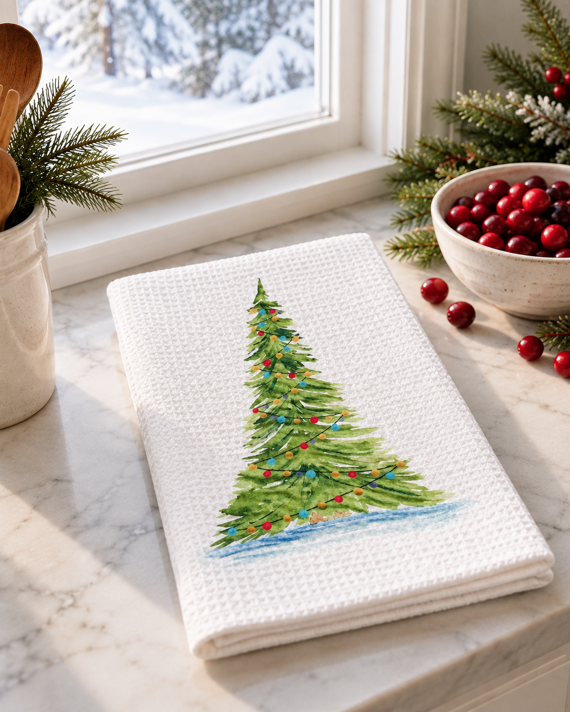 Microfiber Kitchen Towel Watercolor Art Xmas Tall Tree