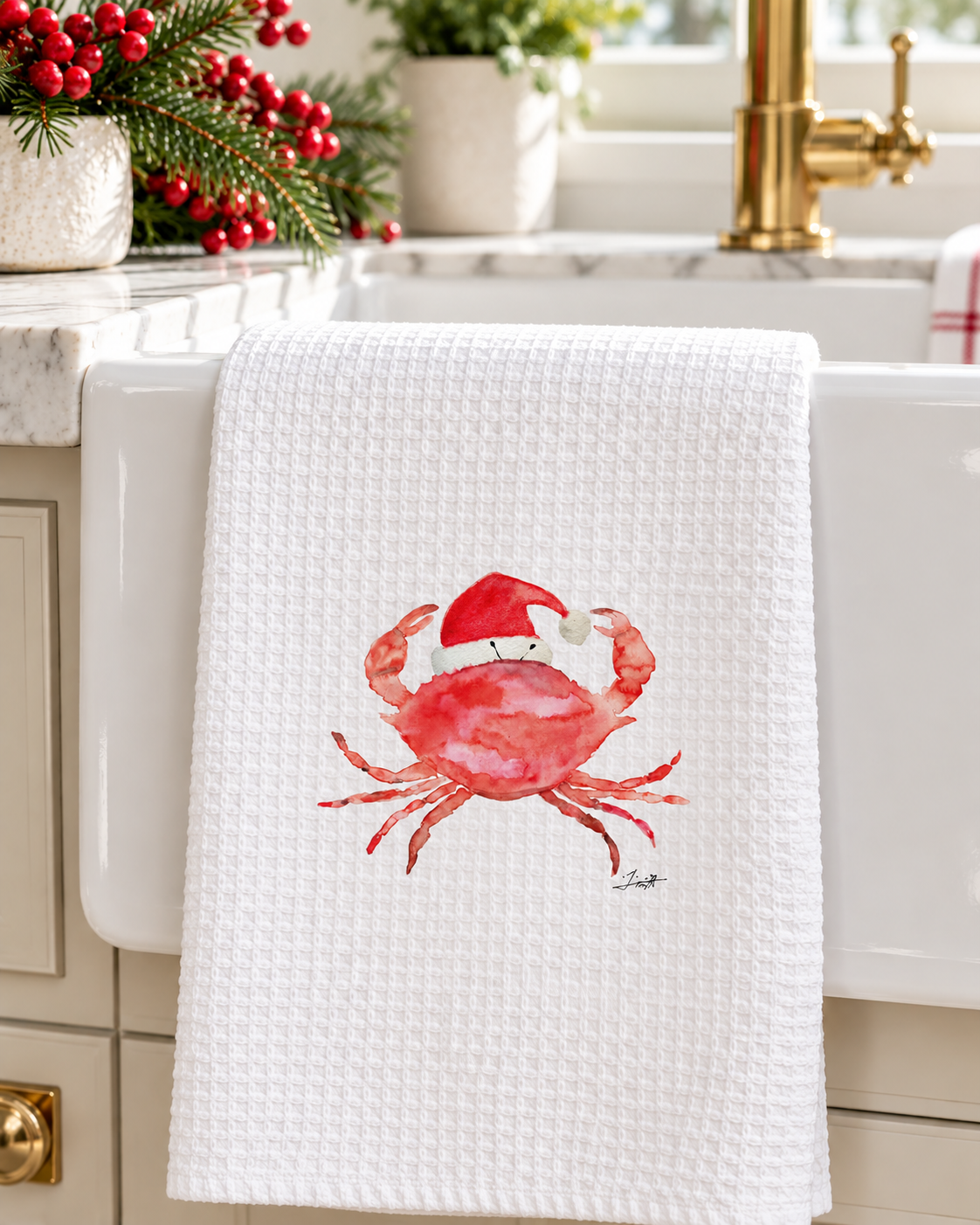 Microfiber Kitchen Towel Watercolor Art Xmas Red Santa Crab