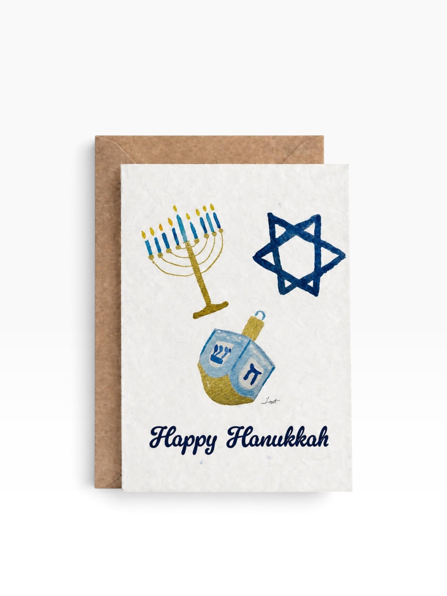 Charter Oak Creations plantable Hanukkah seed card with watercolor menorah, Star of David, and dreidel illustration.