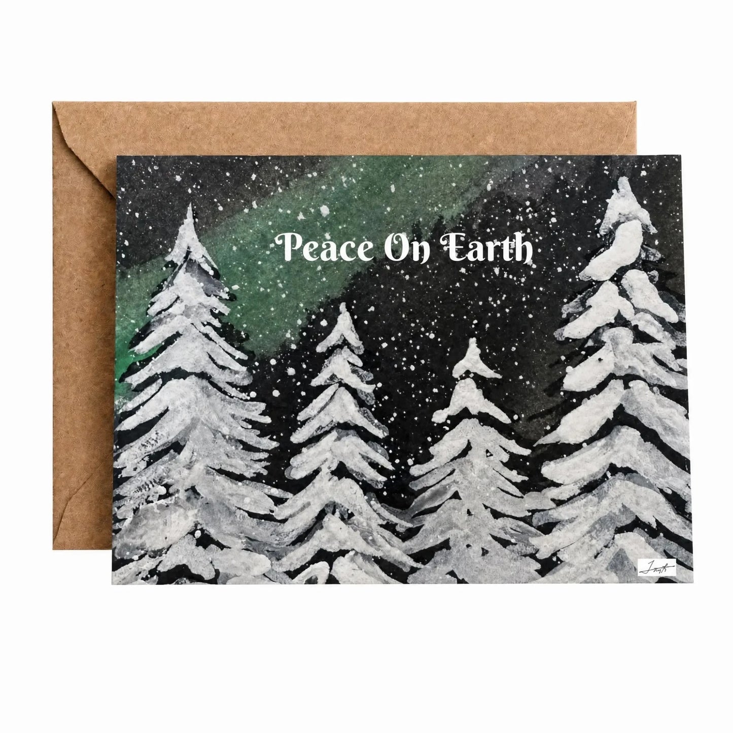 Charter Oak Creations Peace On Earth holiday card featuring watercolor snow-dusted evergreen trees and aurora borealis