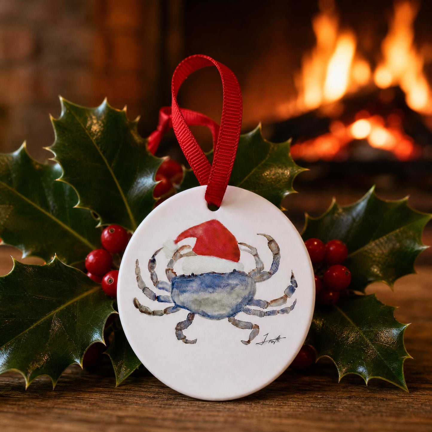Santa Blue Crab Ceramic Christmas Ornament