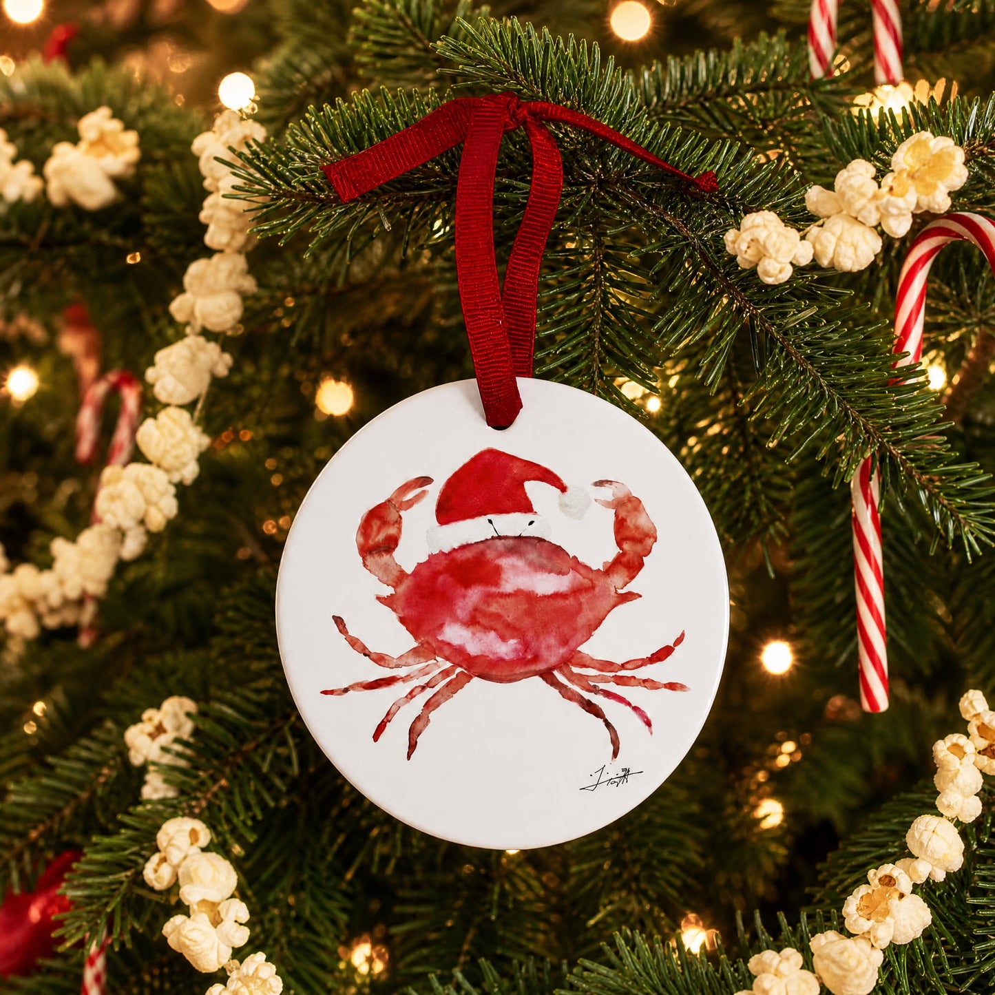 Santa Red Crab Ceramic Christmas Ornament