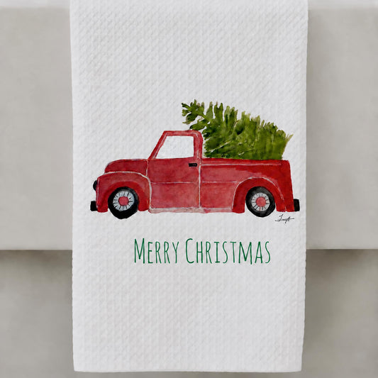 Microfiber Kitchen Towel Watercolor Art Xmas Red Truck