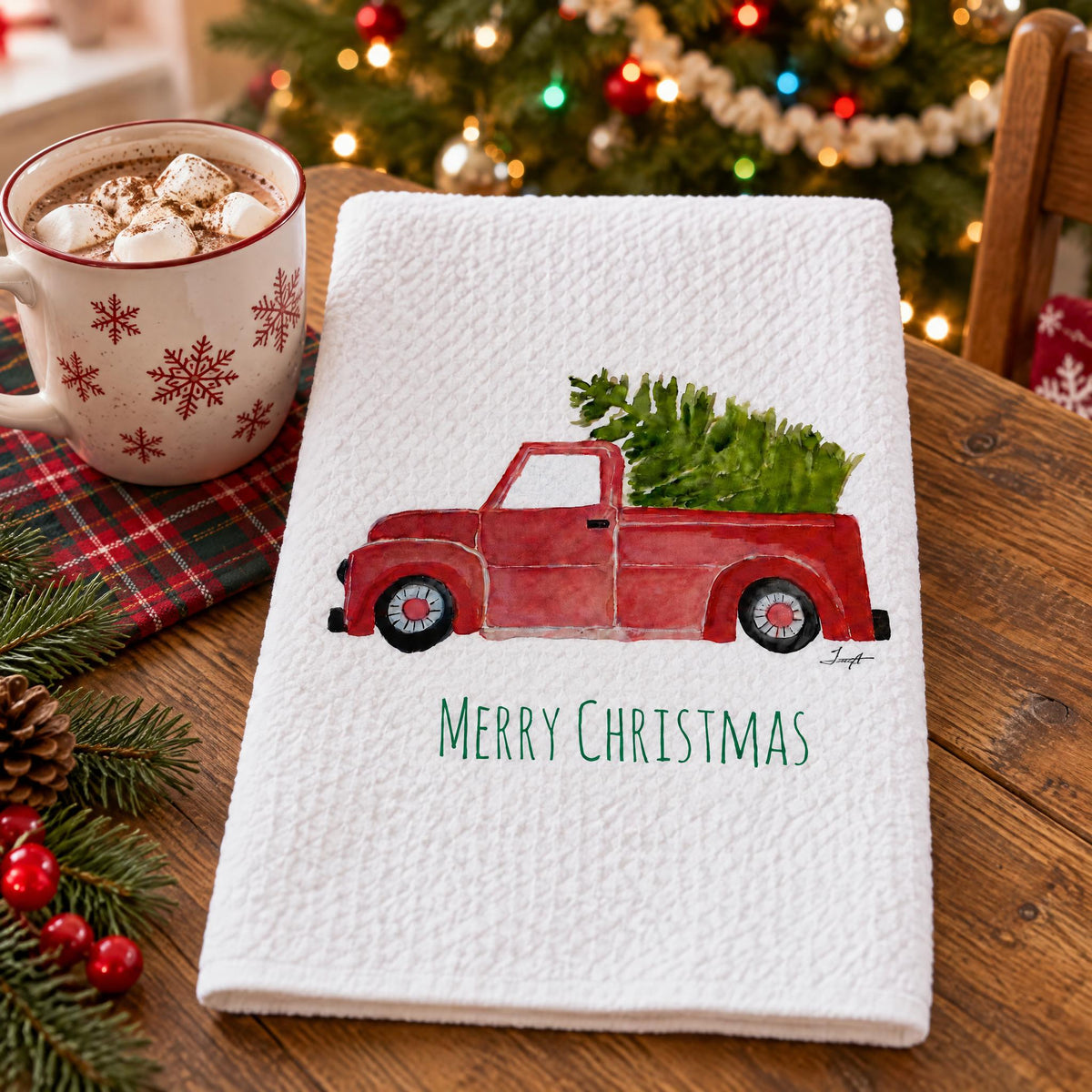 Microfiber Kitchen Towel Watercolor Art Xmas Red Truck